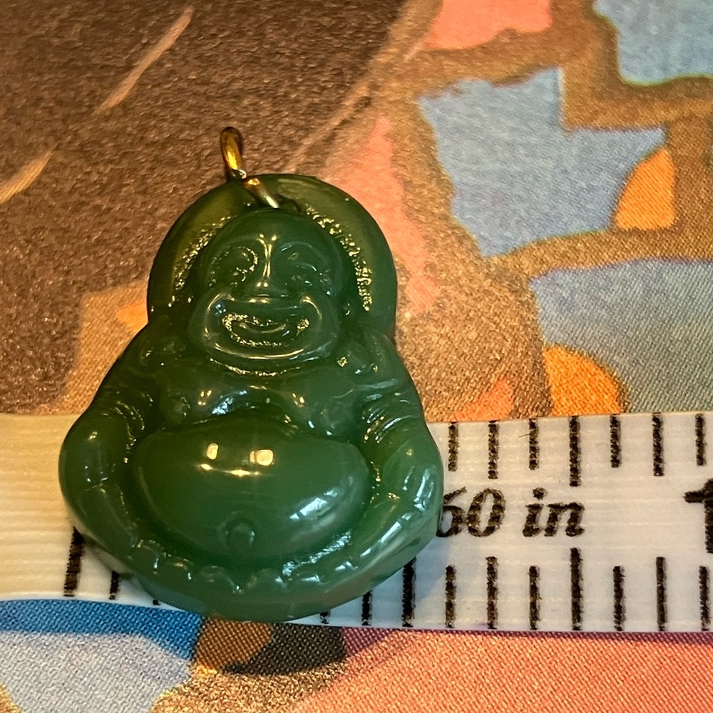 Jade Happy Buddha seated on 16” gold chain - Picture 5 of 6
